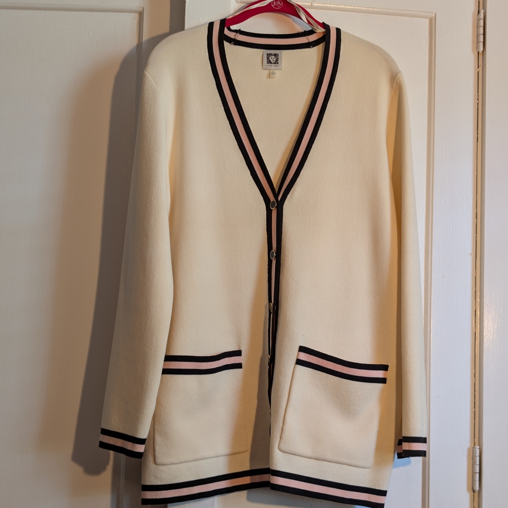 Anne Klein Cream Sweater with Black and Pink Accents, L, XL, EUC, Classic Luxury